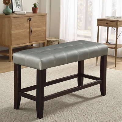 Banc 48 po à hauteur de comptoir avec siège capitonné en similicuir argenté | Banc de salle à manger en bois pour la cuisine, la salle à manger ou le vestibule | Style campagne moderne | Siège confortable pour deux