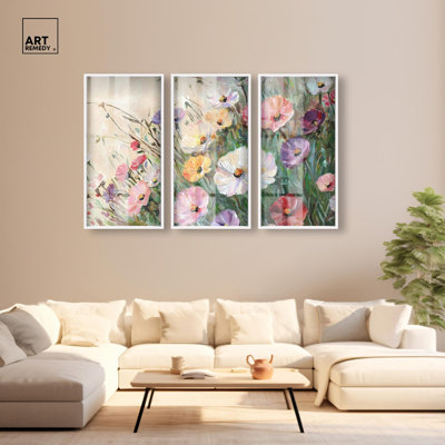 Harmonie sauvage - Ira Comleva, reproduction abstraite grand format en trois parties sous verre, par Art Remedy, cadre blanc, 22 x 44 pouces