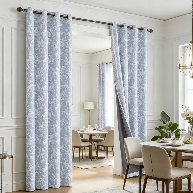 Luxury Blue Floral Jacquard Blackout Curtains 132x213 cm (2 Panels)