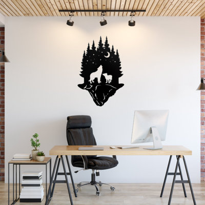 Forêt de loup, art mural en métal - faune, nature, silhouette de loup, scène de forêt