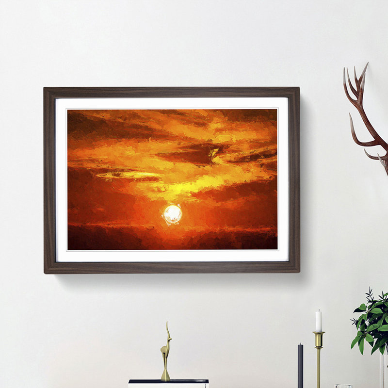 Striking Orange Sunset in Abstract - Picture Frame Painting Print, Walnut Framed, 27cm H x 36cm W x 2cm D