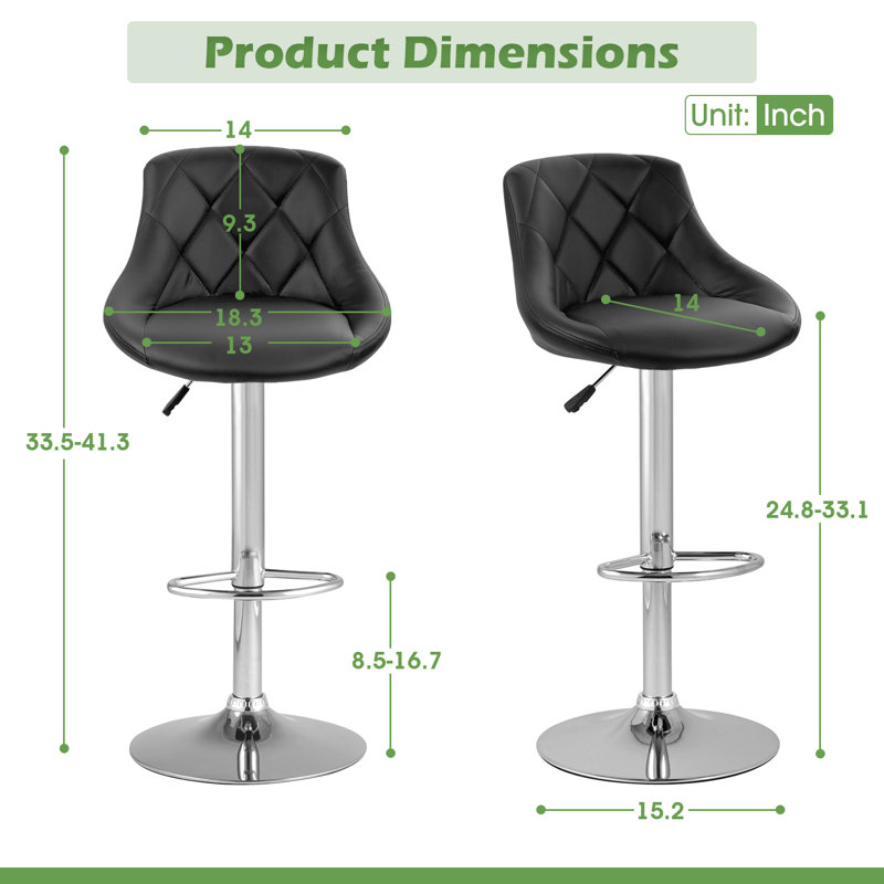 Bar Stool Set Of 2 Height Adjustable Swivel Bar Stool PU Leather Upholstery Height Counter Stool Dining Chair Kitchen Counter Chair Set With Footrest Backrest For Home Bar Kitchen, Black