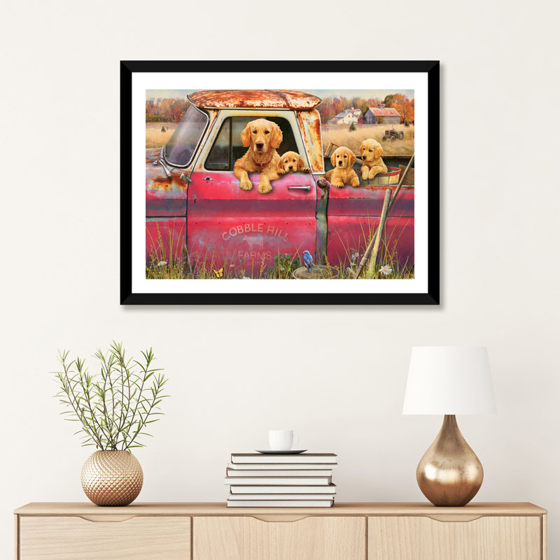 «Goldens And Truck» - Imprimé, Papier noir, H 16 po x l 24 po x P 1 po