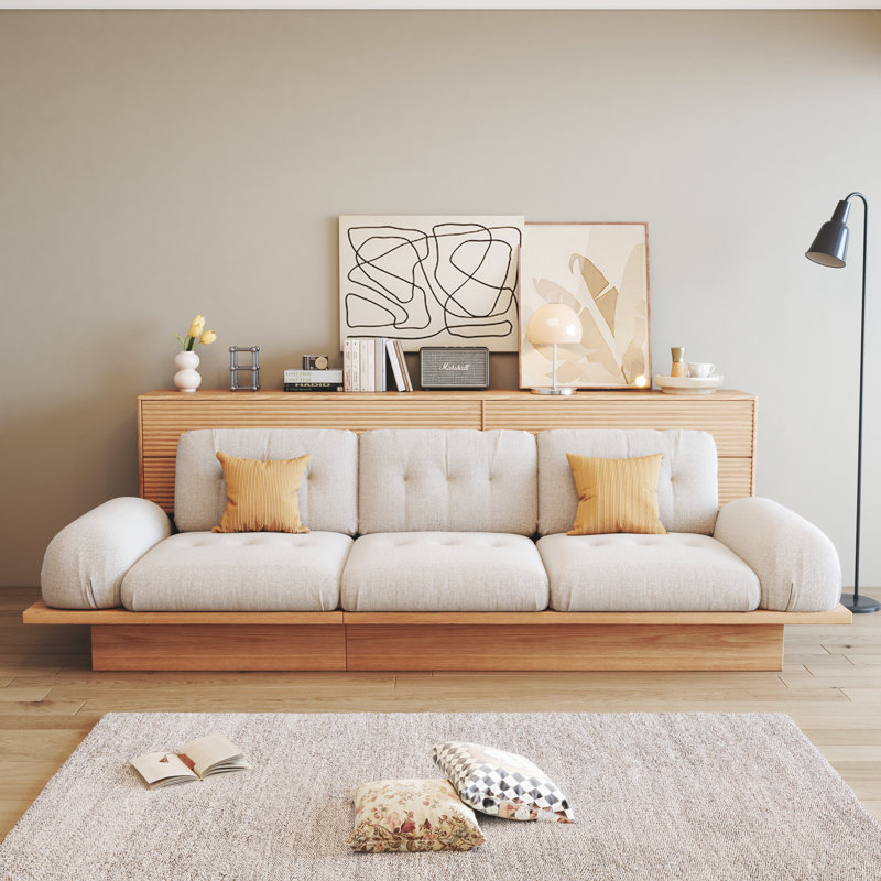 Canapé modulaire capitonné beige en lin avec accoudoirs et coussins, 3, H 35,1 po x l 114,6 po x P 35,43 po