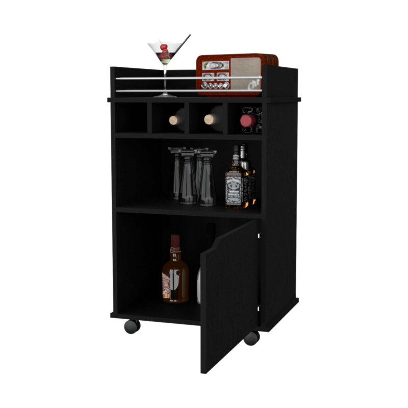 Stylish 1-Door Bar Cart with Ample Storage and Smooth Mobility, Perfect for Entertaining and Organizing Beverages, Black