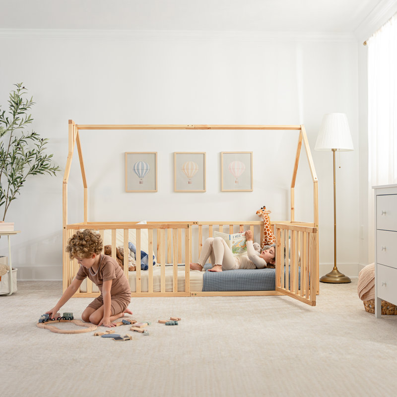Comfy Cubs Kids House Gated Floor Bed Twin Size – 100% Pinewood Montessori Floor Bed With Safety Enclosure For Children Aged 5+, Kids Playhouse Design