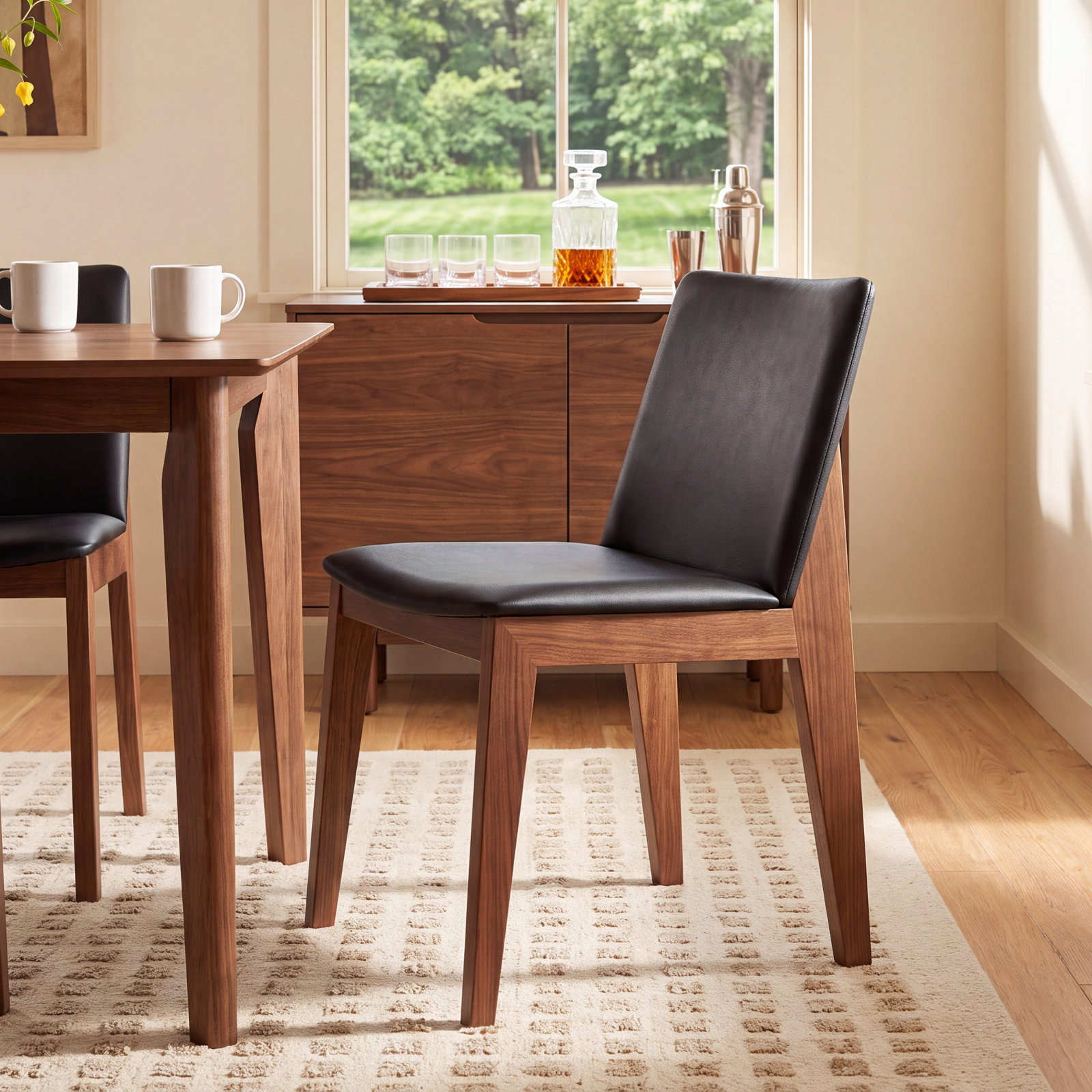 Anrey Oak Side Chair, Black Pebbled Faux Leather, Brown