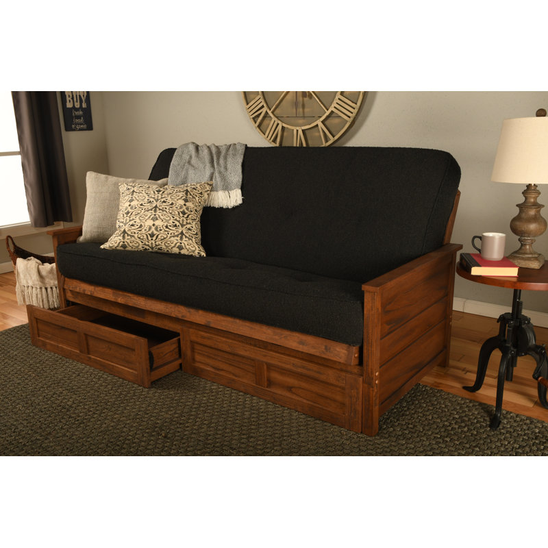 Futon double avec matelas avec rangement Emmiliano, Brun patiné, Canton Black 100% Polyester