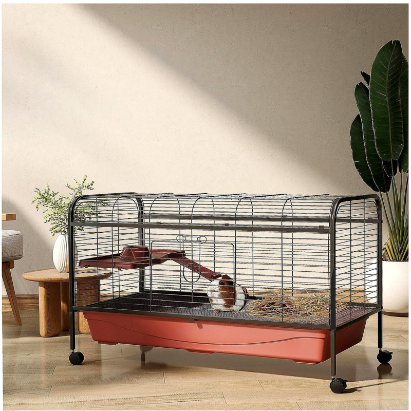 PawHut 48" L Small Animal Cage, Rabbit Hutch, or Ferret Pet Play House with Feeder, Rolling Wheels, Platform, Ramp