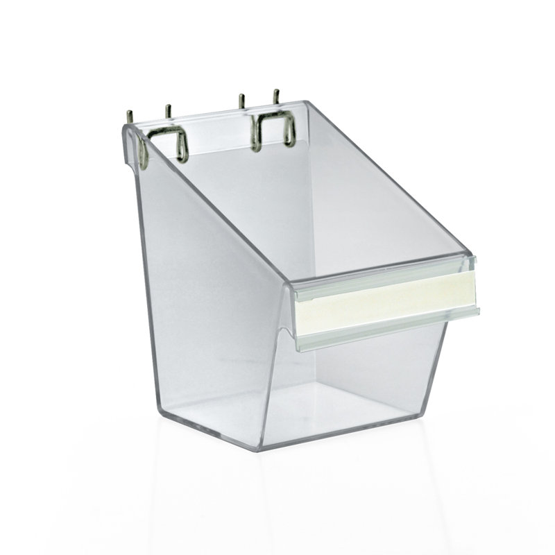 Small Clear Plastic Molded Bucket, Storage Container Bin for Pegboard, Slatwall, or Counter with Label Holder on Front and 2 Metal U-Hooks, Size: 5.25"W x 6.25"D x 6.875"H, 4-Pack