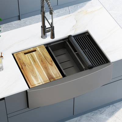 33'' Farmhouse Workstaion Kitchen Sink W/ Pull-out Faucet Black 16 Gauge Stainless Steel Single Bowl Sink