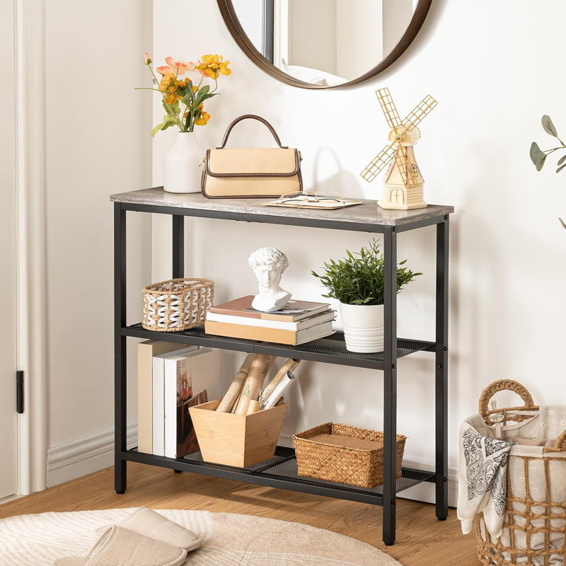 Console d'entrée étroite - table d'appoint à 3 niveaux avec tablettes, grège et noir