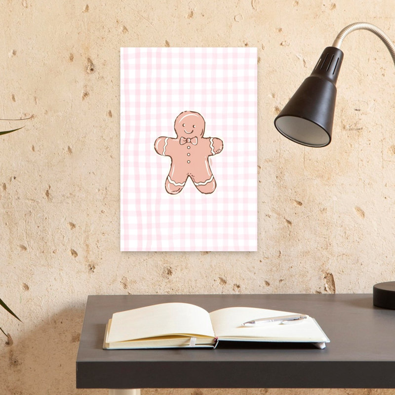 Pink Gingham Gingerbread Man Contemporary Wall Art Print, 18" H x 12" W