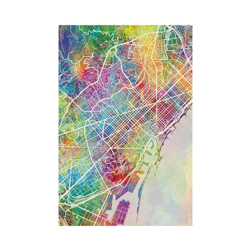 Barcelona Spain Map Color by Michael Tompsett - 1 Piece Wrapped Canvas Wall Art, 101.6 cm H x 66.04 cm W x 1.91 cm D