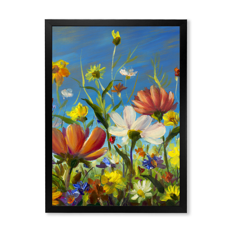 «Summer Flower Field Blue», reproduction d'art sur toile traditionnelle, Toile avec cadre photo noir