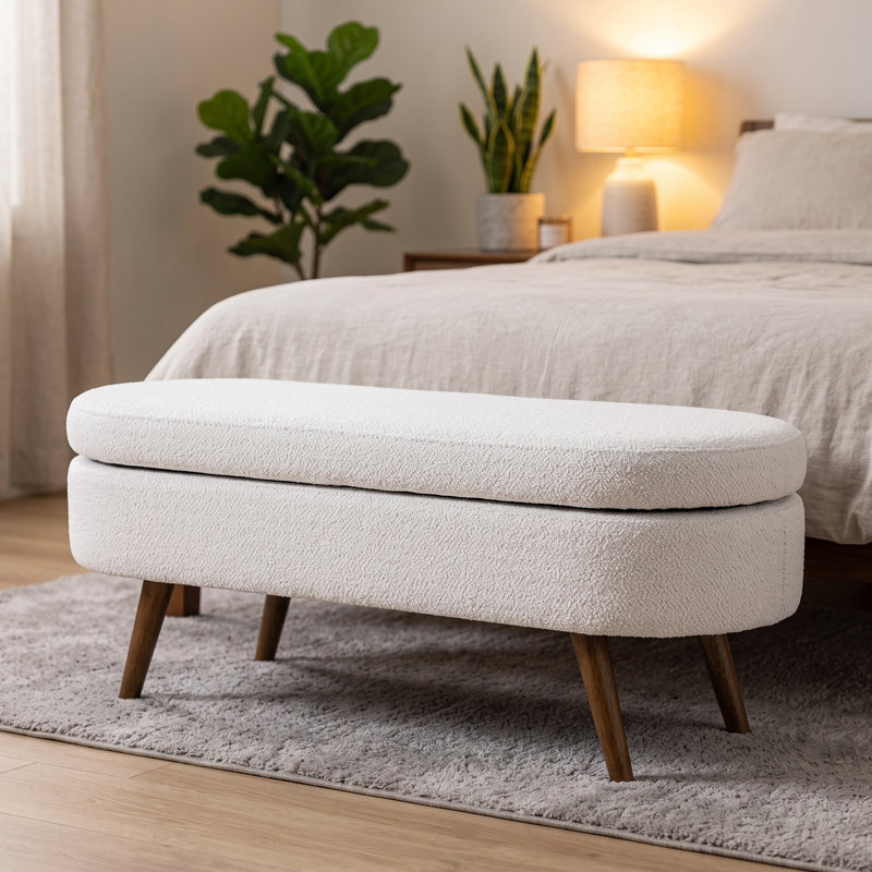 Banc de rangement avec repose-pieds ovale avec revêtement en tissu plissé, pieds en bois d'hévéa et compartiment de rangement caché - repose-pieds polyvalent, sièges supplémentaires et décoration de salon
