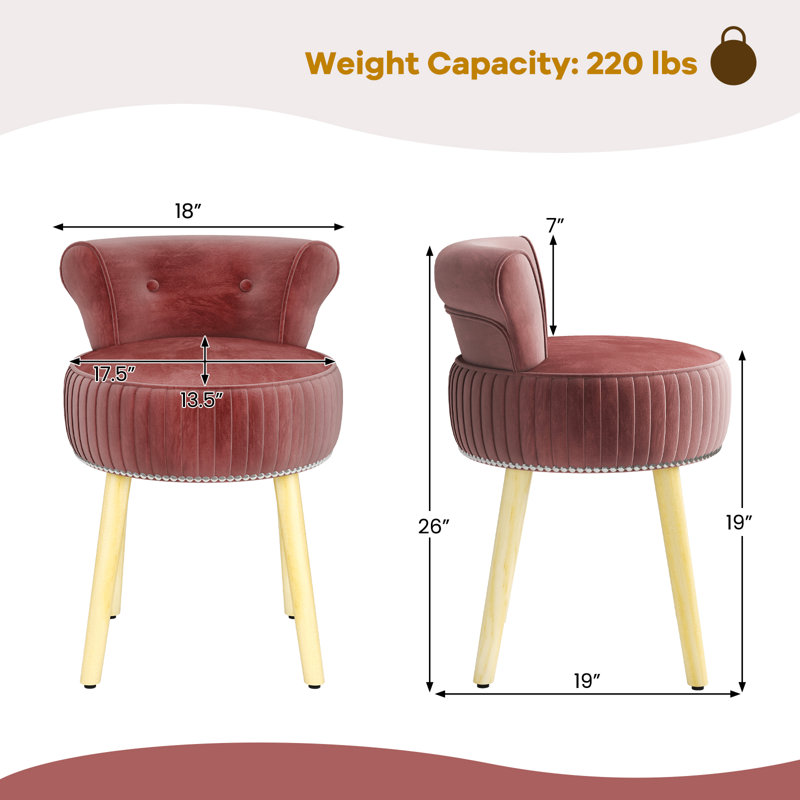 Fauteuil de coiffeuse en velours avec dossier bas capitonné et pieds en bois massif pour la chambre à coucher , Rouge