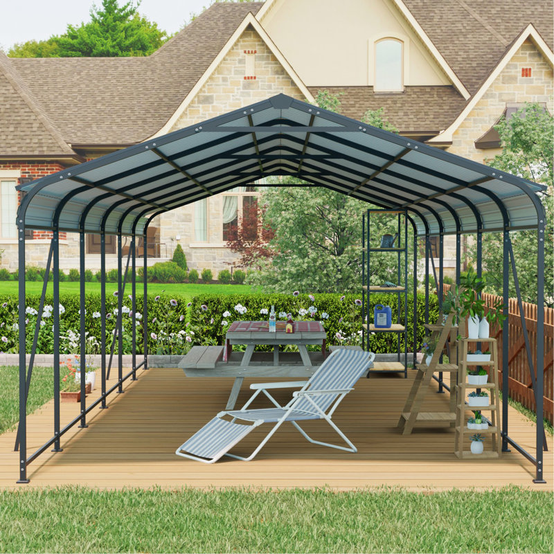 12 X 32 Ft Metal Carport With Galvanized Steel Roof And Frame, 4 Fixed Inclined Square Tube Supports, Ideal For Cars, Trucks, Boats , Spacious Outdoor Storage, Bbq Shelter, Gathering Spot,