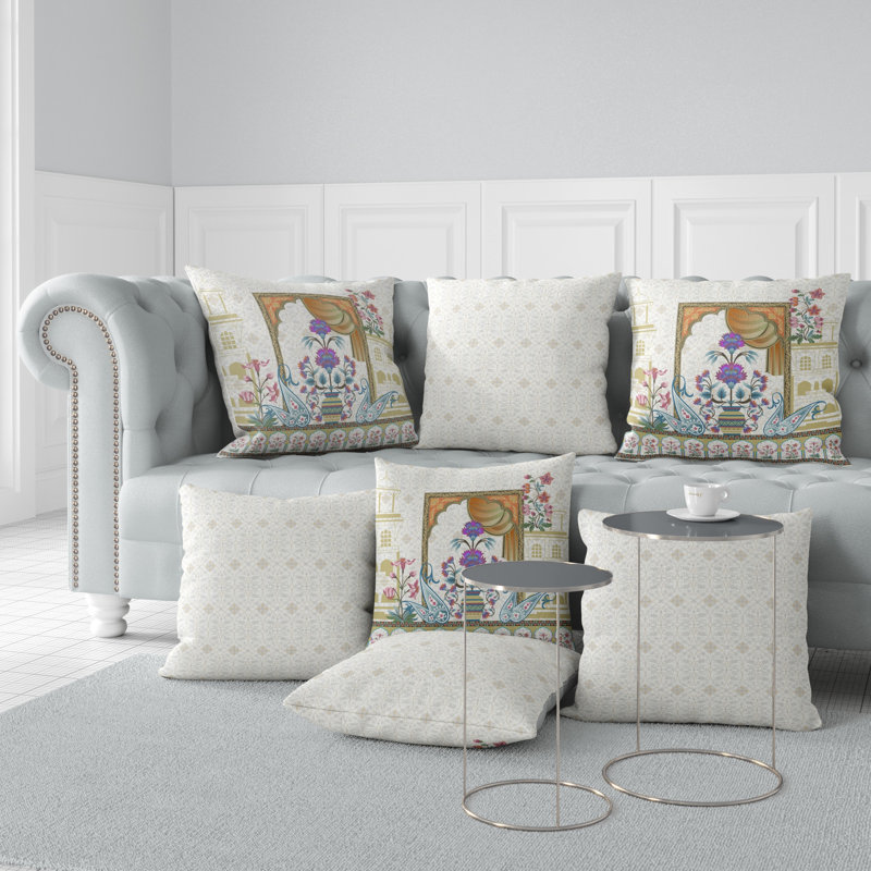 Housse et insert de coussin intérieur / extérieur en polyester Mughal Paradise, 26 po x 26 po, Blanc