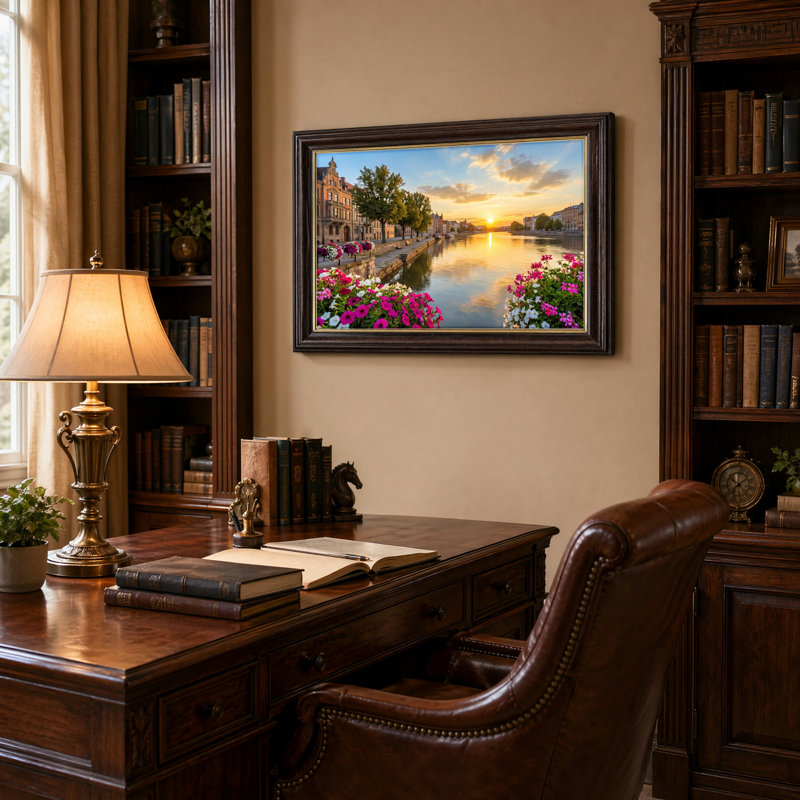 Art mural antique sur toile encadré doré pour le salon, la chambre à coucher, le bureau ou le vestibule - Décoration murale décorative avec canal coucher de soleil