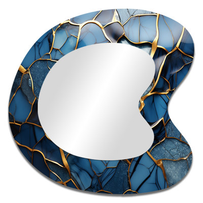 Gold and Blue Marble Mosaic Agate III - Abstract Unique Shape Large Mirror, Modern Asymmetrical Decorative Wall Mirror, Printed Metal Art