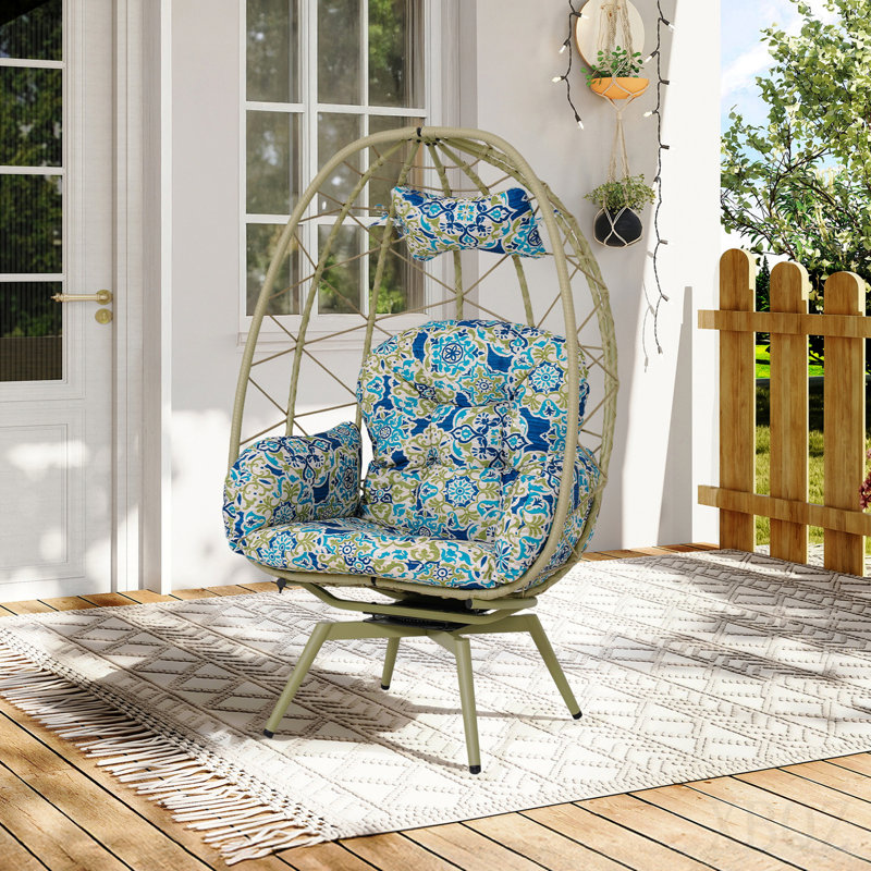 Fauteuil surdimensionné pivotant à 360 ° en rotin pour l'intérieur et l'extérieur avec coussins épais et amovibles, Cyan