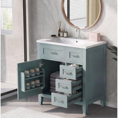 Ensemble de meuble-lavabo vert 30 po avec lavabo, armoire autoportante avec tiroirs, structure en bois massif et panneau de fibres à densité moyenne