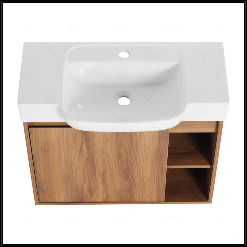 Meuble-lavabo mural avec lavabo en céramique blanche et porte à fermeture en douceur, conception écologique et peu encombrante