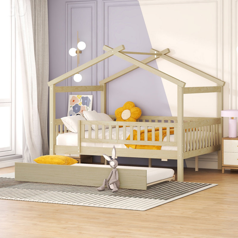 Lit double en bois avec lit gigogne simple, Naturel