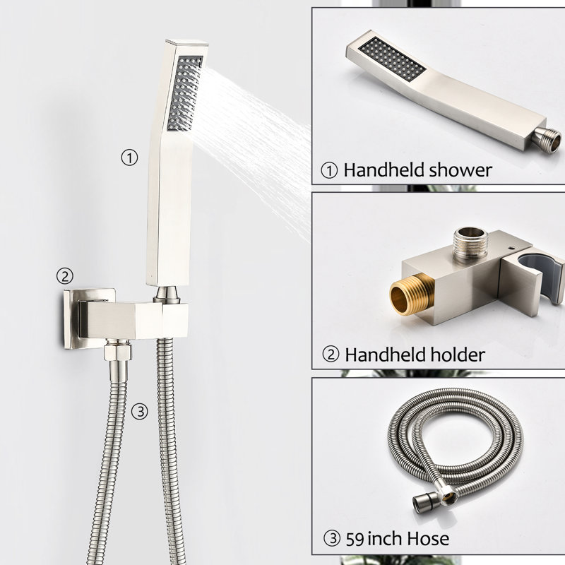 Brushed Nickel Shower Assembly - 10" Rain Head, Handheld Shower, Corrosion Resistance, Self Nozzle System In Finish 10 Inch Adjustable Water Flow, Leak Resistance