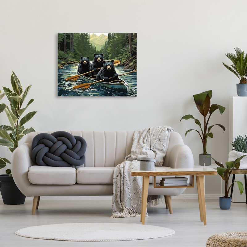 «Woodland Canoeing Bears», art mural sur toile par Jim Baldwin, H 30 po x l 40 po
