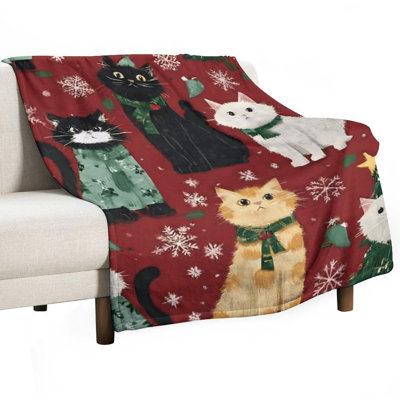Plaid de Noël, doux et chaud, motif de chats mignons, idéal pour la maison, le lit, le canapé ou le fauteuil, 101 x 76 cm. De plus, un sac fourre-tout en toile avec un chat et un chapeau de Noël vous est offert.