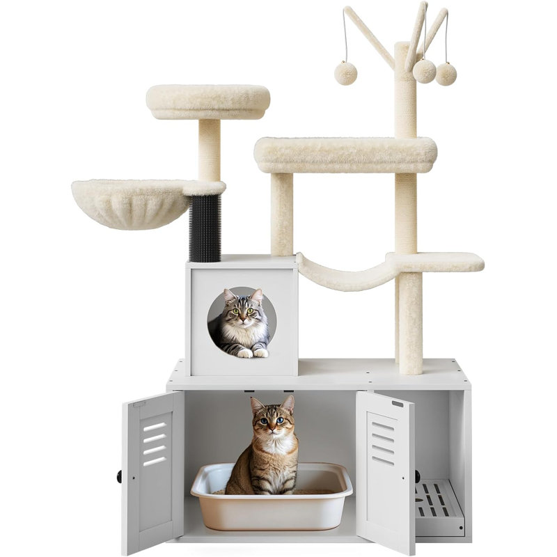 Multi-Level Wooden Cat Tree with Hidden Litter Box Enclosure, Sisal Scratching Posts & Soft Perch