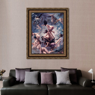 Framed Canvas Art Giclee Print Witches Going to Their Sabbath (The Departure of The Witches) by Luis Ricardo Falero Wall Decorations(Vintage Embossed Gold frame,26"x32")
