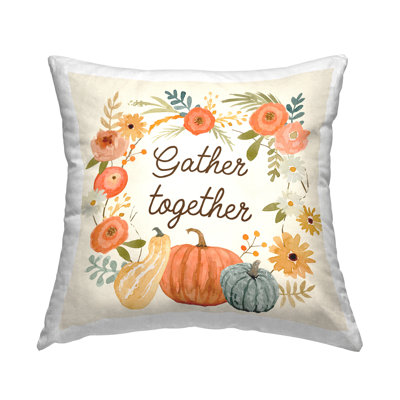 Gather Together Phrase Mixed Autumnal Gourds Flowers Printed Throw Pillow Design By Victoria Barnes