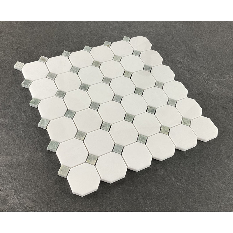 Thassos White Octagon and Green Dot Wall & Floor Mosaic Tile