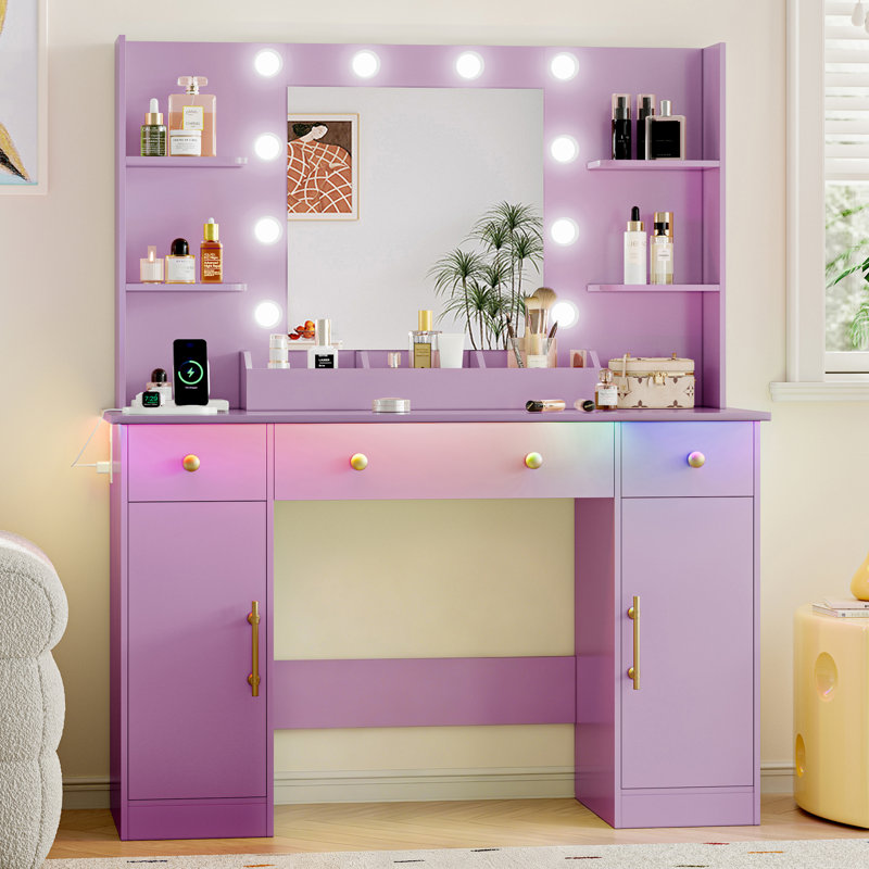 Meuble-lavabo 43,7 po de style ferme avec miroir lumineux et prise de courant, 3 tiroirs, Purple, Mirror