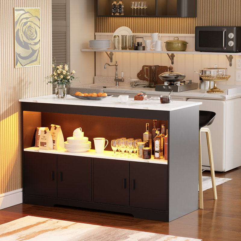 Îlot de cuisine moderne de 43 po avec rangement, table pour îlot avec lumières à DEL et armoire pour la cuisine