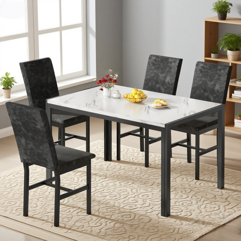 Dining Table Set For 4, Faux Marble Kitchen Table With Uphosltered Dining Chairs, 5-Piece Dining Table Set, Space-Saving Design Dinette Set for Home Furniture Kitchen Restaurant