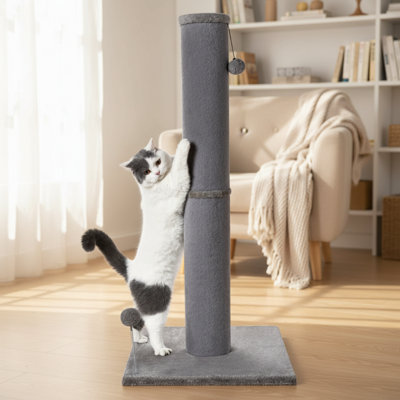 Simple Gray Faux Fur Large Cat Scratching Post With Replaceable Toy And Sturdy Base, Suitable For Indoor Cats.