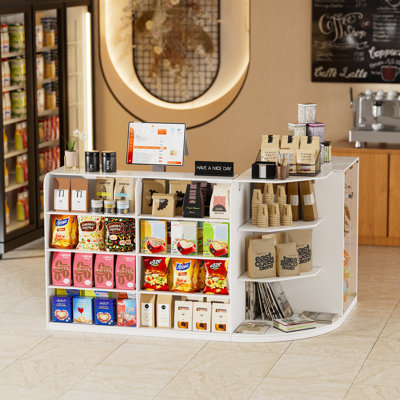 Bureau de réception en L avec comptoir, vitrine de comptoir en verre, 2 tiroirs