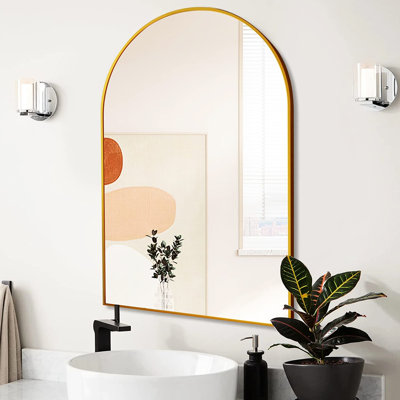 Miroir mural de salle de bain arqué en métal doré 20 po x 30 po, incassable, cadre en aluminium facile à installer, sans verre