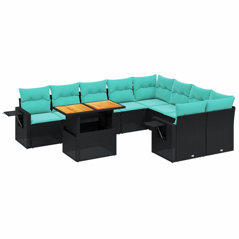  10 Piece Patio Sofa Set With Cushions Poly Rattan, Black, Green