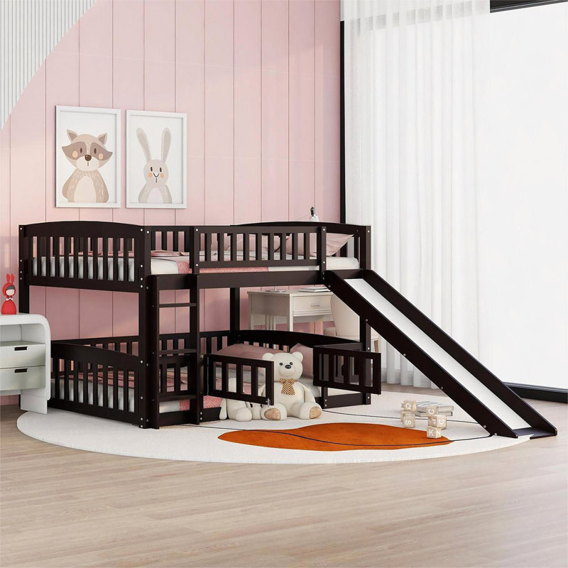 Bunk Bed With Slide,Over Low Bunk Bed With Fence And Ladder, Espresso