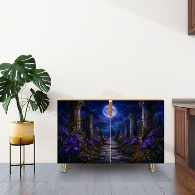Sideboard Buffet Cabinet with Storage Mystical Garden Purple Irises Ancient Ruins with 2 Doors for Living Room and Kitchen