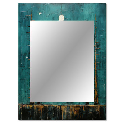 Abstract Moon On Retro Teal - Transitional Decorative Mirror, Turquoise Wall Mirror, Printed Metal Art