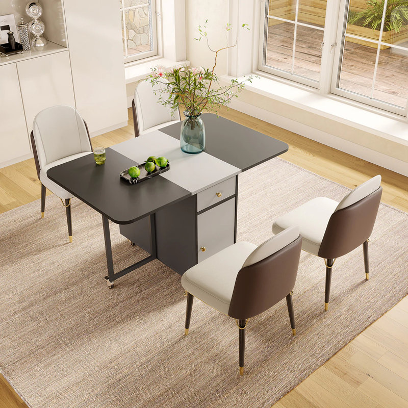 Modern White & Black 17.7"-53.6" Small Rectangle 4-6 Seater Folding Dining Room Table with Storage on Wheels