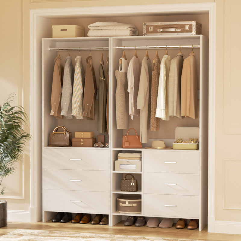 53.2'' Closet System with Wooden Drawers and Hanging Rods, White