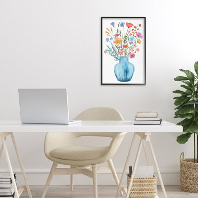 Vase aquarelle, bouquet bleu encadré, estampe par LSR Design Studio