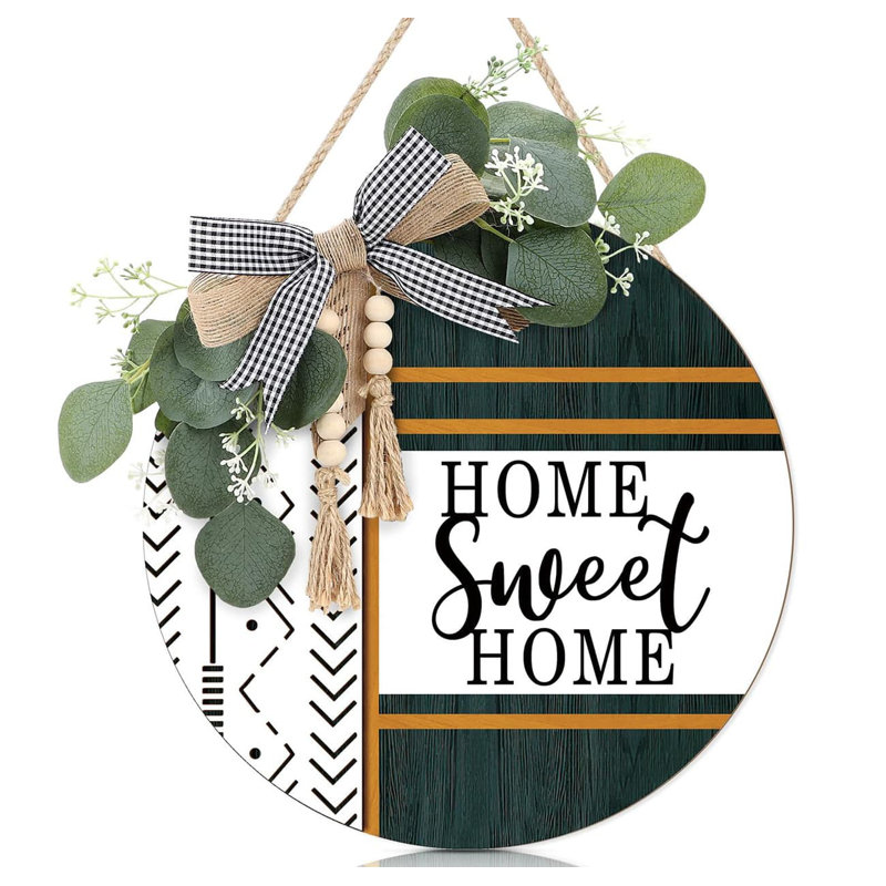 12" Boho 3D Home Sweet Home Wreath Sign, Farmhouse Plaid Bow Bead Front Door Porch Decor